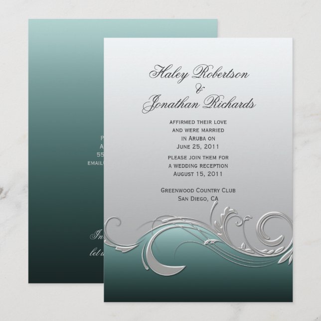 Convites Teal Silver Ornamentado Swirls Posta Casamento (Frente/Verso)