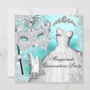 Convites Teal & Silver Princess Quinceanera Mascarada