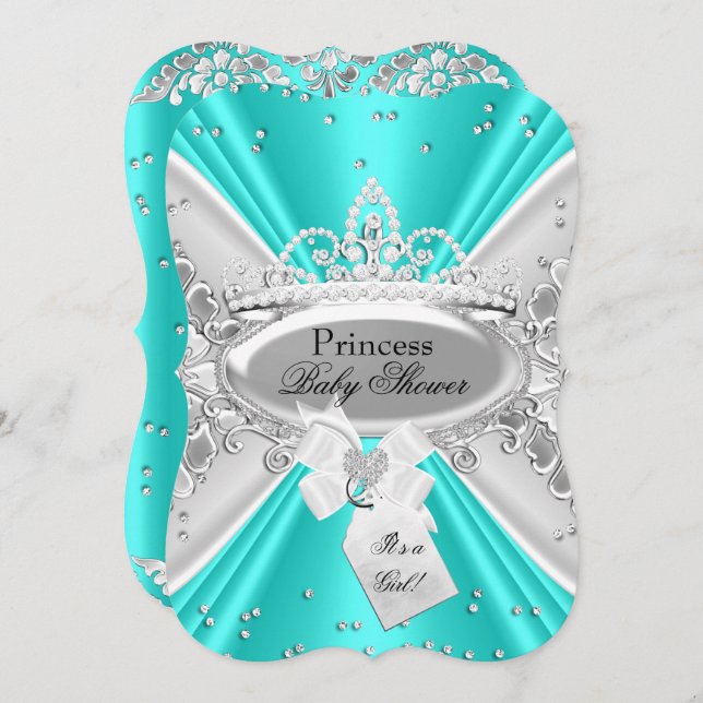 Convites Teal Silver Princess Tiara Chá de fraldas Invite (Frente/Verso)