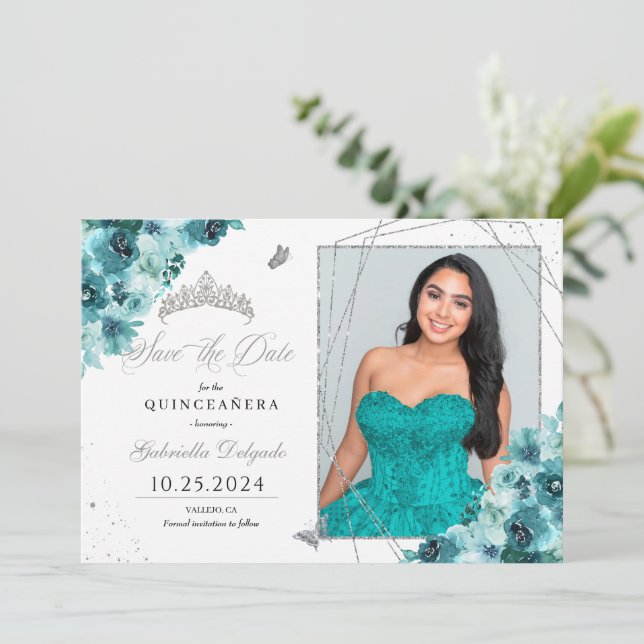 Convites Teal & Silver Quinceañera Salve A Foto Da Data (Em pé/Frente)