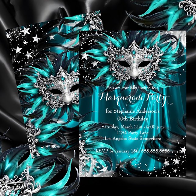 Convites Teal Silver Sparkle Magical Night Masquerade Party (Criador carregado)