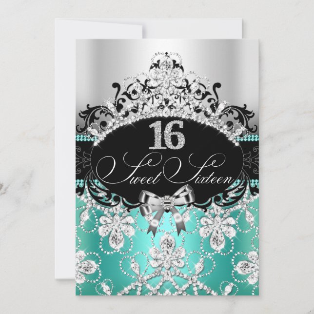 Convites Teal Silver Sweet 16 Sparkle Tiara Birthday Invite (Frente)