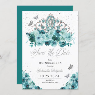 Convites Teal & Silver Tiara Salve A Data Quinceañera