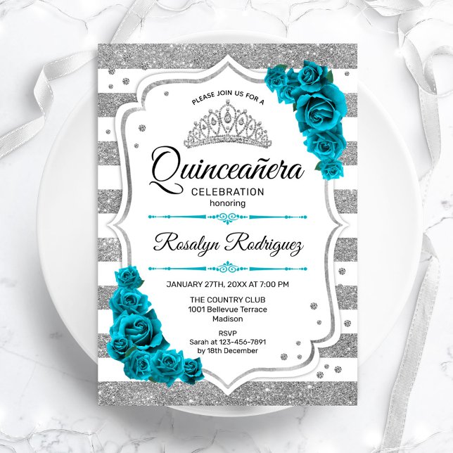 Convites Teal Silver White Stripes Elegante Quinceanera (Criador carregado)