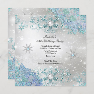 Convites Teal Silver Winter Wonderland Snowflakes Partido