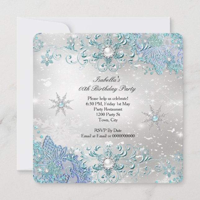 Convites Teal Silver Winter Wonderland Snowflakes Partido 2 (Frente)