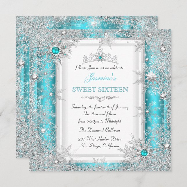 Convites Teal Silver Winter Wonderland Sweet 16 Snowflake (Frente/Verso)