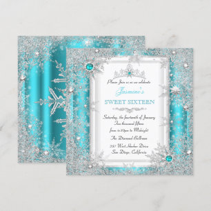 Convites Teal Silver Winter Wonderland Sweet 16 Snowflake