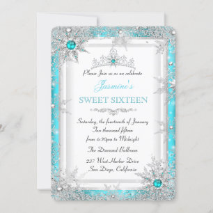 Convites Teal Silver Winter Wonderland Sweet 16 Snowflake