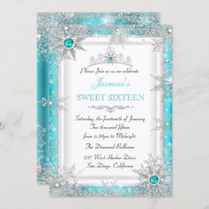 Convites Teal Silver Winter Wonderland Sweet 16 Snowflake
