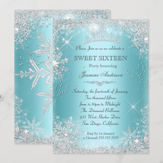 Convites Teal Silver Winter Wonderland Sweet 16 Tiara (Frente/Verso)