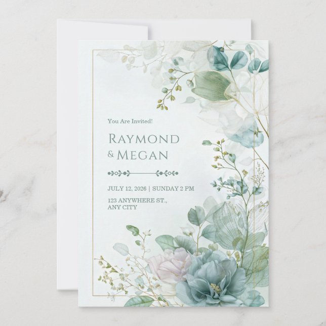 Convites Teal Skeletal Leaf Botanical Gold Frame Wedding (Frente)