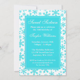 Convites Teal Snowflake Border Winter Wonderland Sweet 16