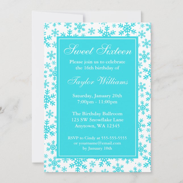Convites Teal Snowflake Border Winter Wonderland Sweet 16 (Frente)