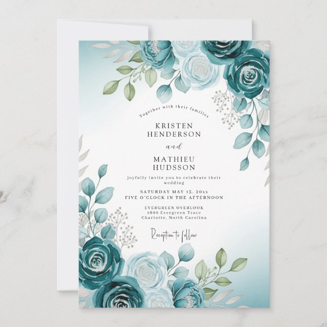 Convites Teal Soft Watercolor Botanical Wedding (Frente)