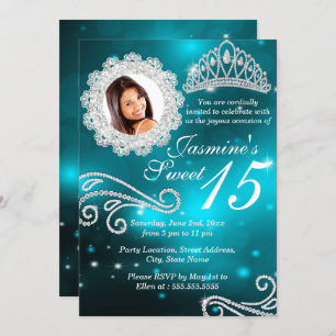 Convites Teal Sparkle Diamond Tiara Foto Quinceanera
