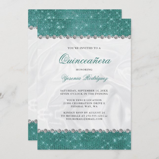 Convites Teal Sparkle Glitter Glam Diamond Quinceañera (Frente/Verso)