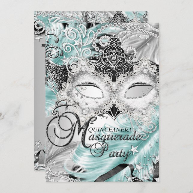 Convites Teal Sparkle Mascarada Quinceanera (Frente/Verso)