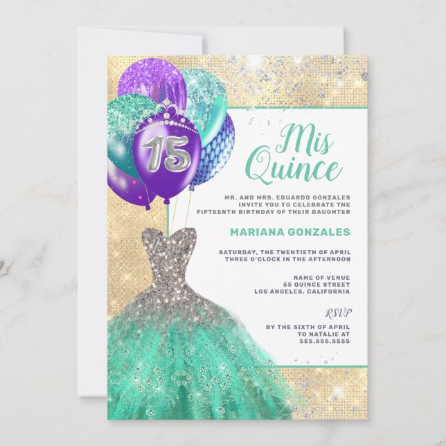 Convites Teal Sparkle Silver Glitter Mis Quinceañera (Frente)