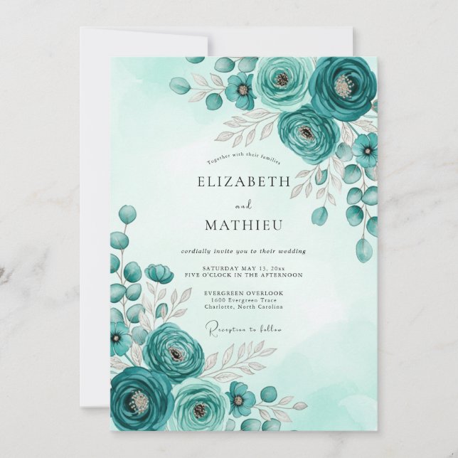 Convites Teal Stately Botanical Wedding (Frente)