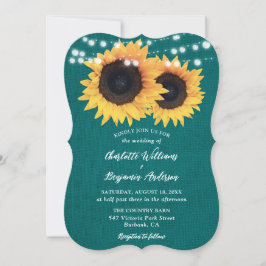 Convites Teal Sunflower Burlap Hearts String Lights Casamen