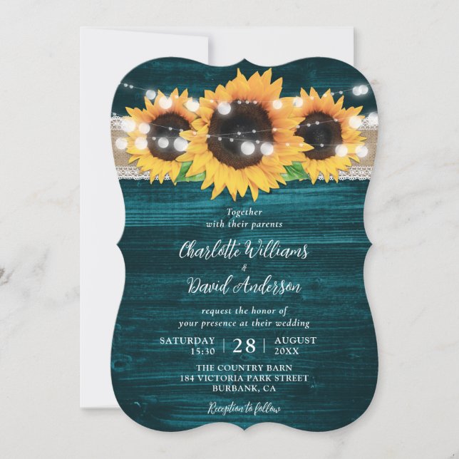 Convites Teal Sunflower String Lights Burlap Wood Weding (Frente)