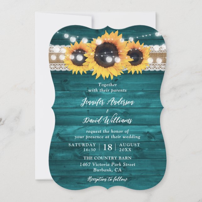 Convites Teal Sunflower Wood Burlap String Lights Wedding (Frente)