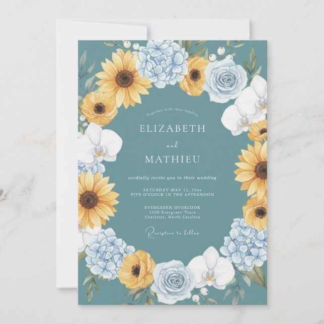 Convites Teal Sunny Sunflower Wedding (Frente)