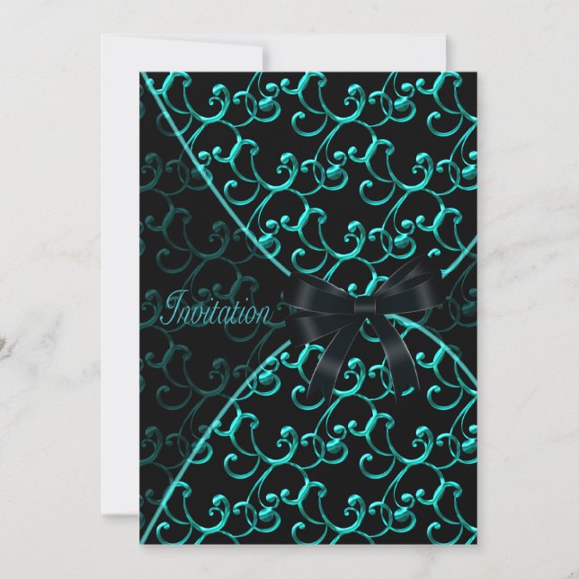 Convites Teal Swirls Black Party Modelo (Frente)