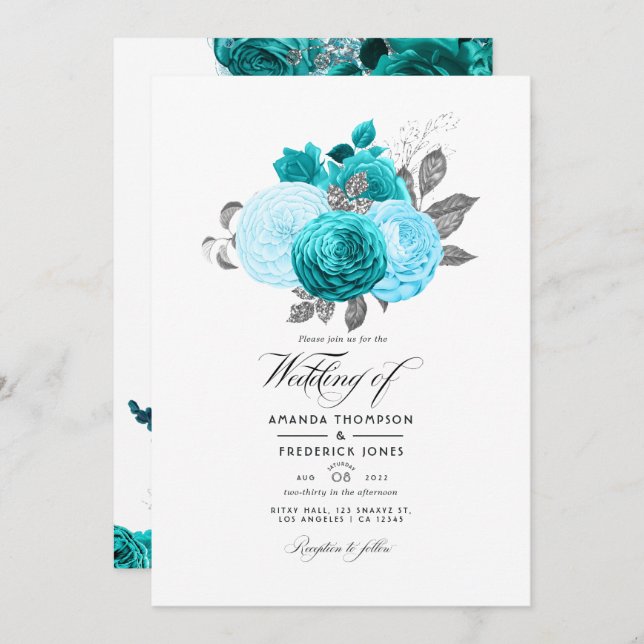 Convites Teal - Turquesa e Casamento Floral de Prata (Frente/Verso)
