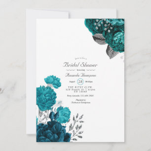 Convites Teal - Turquesa e Chá de panela Floral de Prata