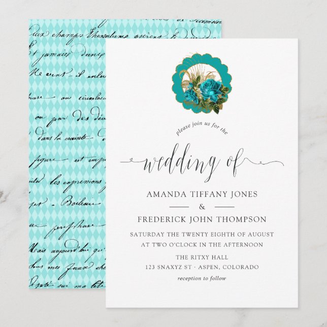 Convites Teal - Turquesa e Dourada Casamento Chic Paris (Frente/Verso)