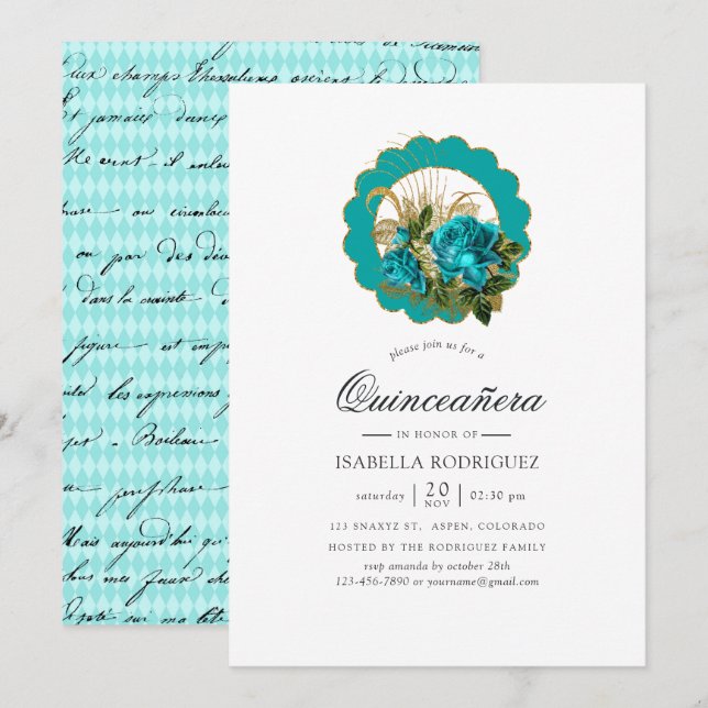 Convites Teal - Turquesa e Dourado Chic Paris Quinceañera (Frente/Verso)