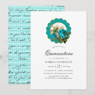 Convites Teal - Turquesa e Dourado Chic Paris Quinceañera