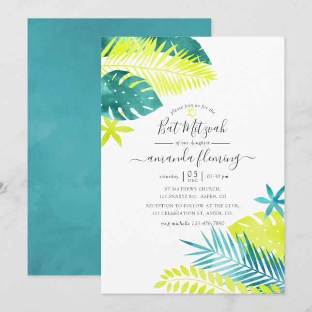 Convites Teal - Turquesa e Lemon Tropical Bat Mitzvah (Frente/Verso)