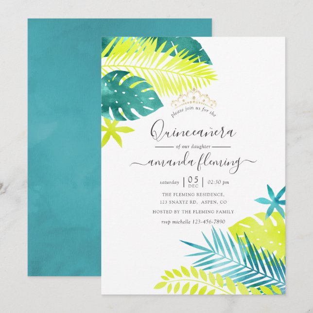 Convites Teal - Turquesa e Limão Tropical Quinceañera (Frente/Verso)
