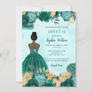 Convites Teal Turquoise Dourada Floral Princess Sweet 16
