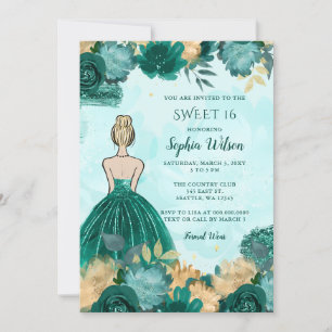 Convites Teal Turquoise Dourada Floral Princess Sweet 16