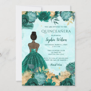Convites Teal Turquoise Dourada Princesa Floral Quinceañera