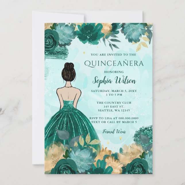Convites Teal Turquoise Dourada Princesa Floral Quinceañera (Frente)