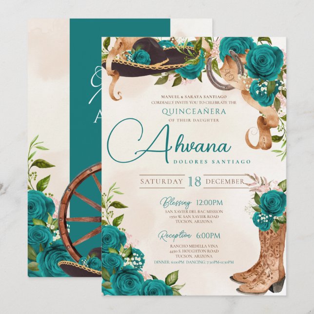 Convites Teal Turquoise Quinceanera Charro Western Rosa (Frente/Verso)