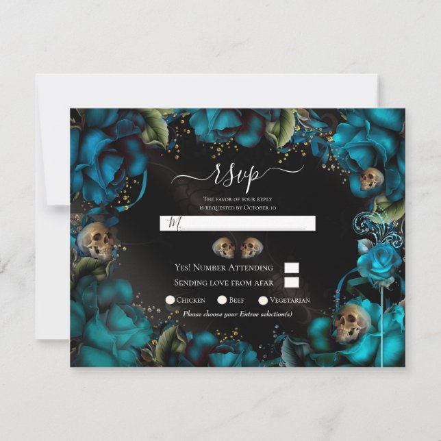 Convites Teal Turquoise Rosas Skulls Gothic Wedding RSVP (Frente)