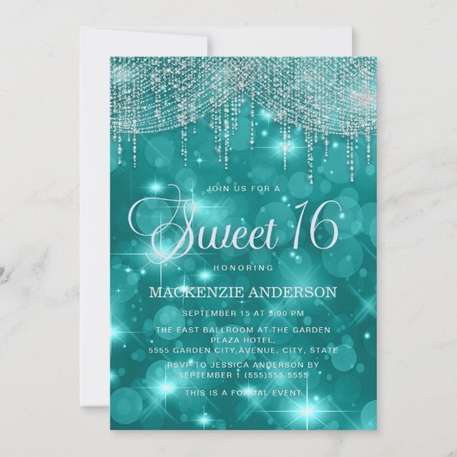 Convites Teal Turquoise String Lights Bokeh Sweet 16 (Frente)