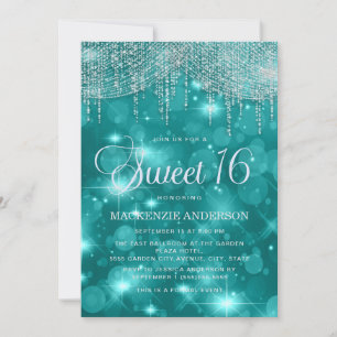 Convites Teal Turquoise String Lights Bokeh Sweet 16