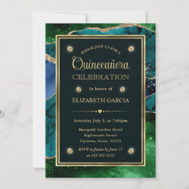 Convites Teal, Verde e Dourado Brilho Agata Quinceanera