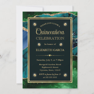 Convites Teal, Verde e Dourado Brilho Agata Quinceanera
