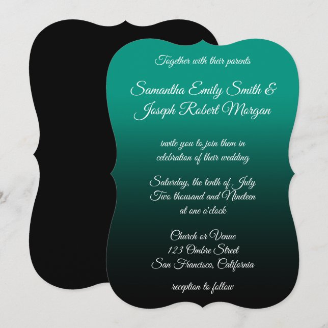 Convites Teal Verde Preto Ombre Elegante Caligrafia Casamen (Frente/Verso)