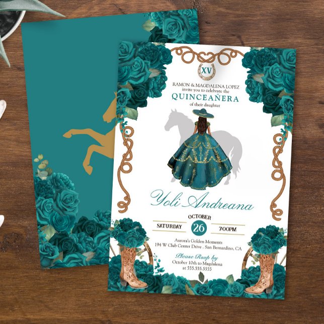 Convites Teal Verde Rosa Azul Charro Vestidos Quinceanera (Criador carregado)