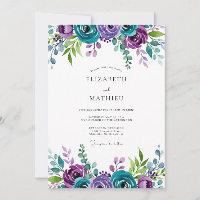 Convites Teal Violet Majestic Botanical Wedding (Frente)
