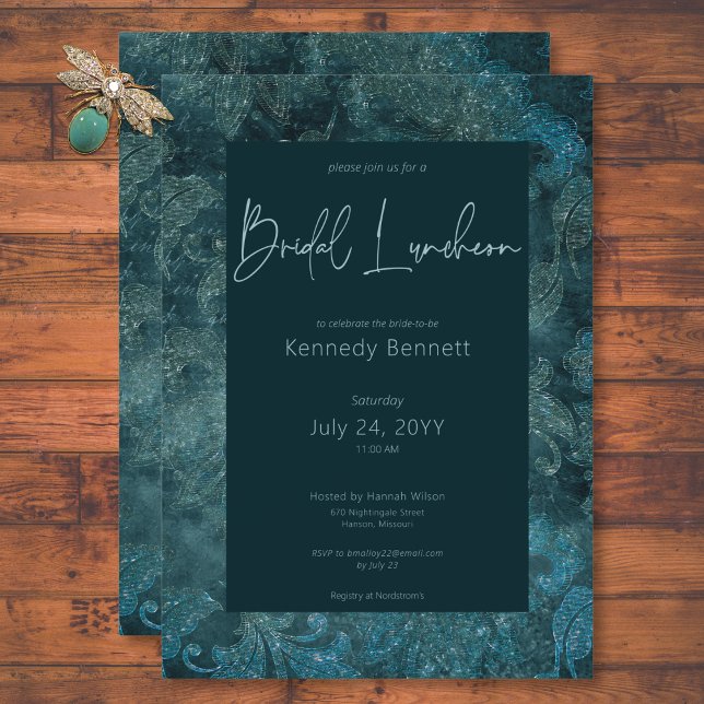 Convites Teal Vitoriano Escuro Damask Bridal Luncheon (Dark Victorian Teal Damask Bridal Luncheon Invitation)